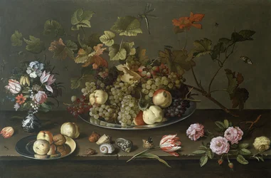 Stilleven met fruit, bloemen en schelpen